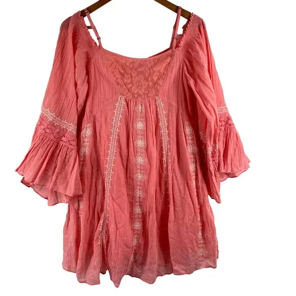 Free People Pink Hand Embroidered Cold Shoulder Tunic Dress Size Small  EUC - Picture 6 of 9